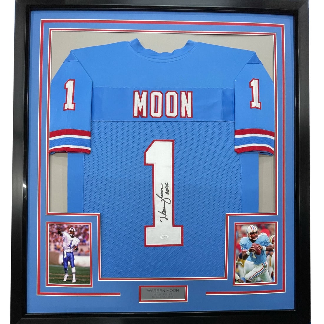 Warren Moon autographed framed Houston Oilers blue jersey JSA 35x39 (1 of 2)