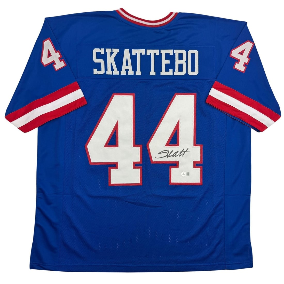 Beckett BAS Certified Cam Skattebo Signed Blue New York Football Jersey: Beckett BAS Certified Cam Skattebo Signed Blue New York Football Jersey Autographed Cam Skattebo blue retro jersey with Beckett BAS COA. This pre-owned custom jersey is intended as an autographed coll