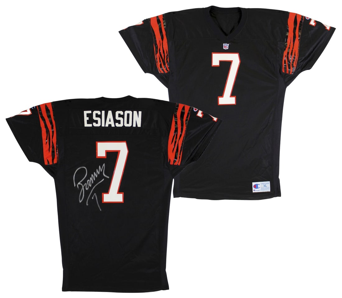 Boomer Esiason Autographed Champion Black XL Bengals Jersey Beckett Authenticated: Boomer Esiason Autographed Champion Black XL Bengals Jersey Beckett Authenticated This is a game issued black Champion jersey, size XL, from the Cincinnati Bengals, personally signed by Boomer Esiason