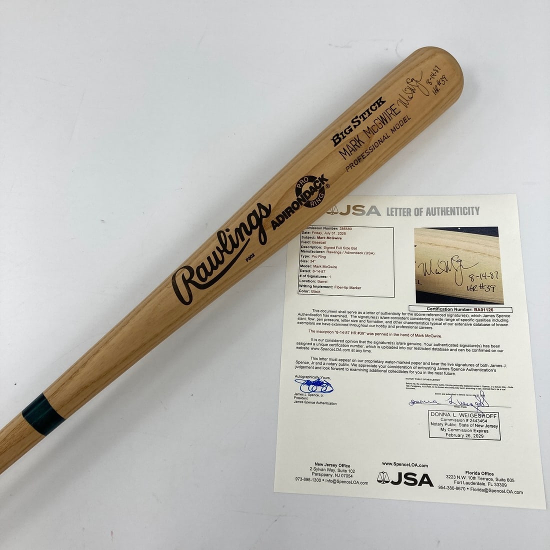Autographed Mark McGwire Rookie Game Model Bat with 39 Home Runs JSA COA: Autographed Mark McGwire Rookie Game Model Bat with 39 Home Runs JSA COA Pre-owned original game model baseball bat signed by Mark McGwire and inscribed "39 Home Runs." This rookie-era bat comes with 