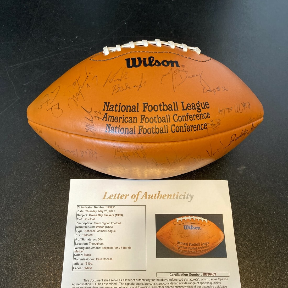 1989 Green Bay Packers Team Signed Wilson Football 50+ Autographs JSA COA: 1989 Green Bay Packers Team Signed Wilson Football 50+ Autographs JSA COA This is a 1989 Green Bay Packers Team Signed Wilson NFL Game Football featuring over 50 signatures from the team members. Auth