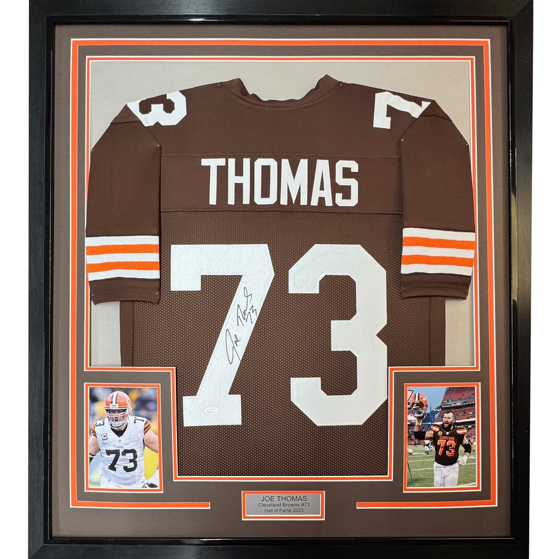 Joe Thomas signed Cleveland Browns framed jersey 35x39 JSA: Joe Thomas signed Cleveland Browns framed jersey 35x39 JSA Professionally framed and matted autographed Joe Thomas Cleveland Browns jersey. This original signed football display includes two 5x7 photo