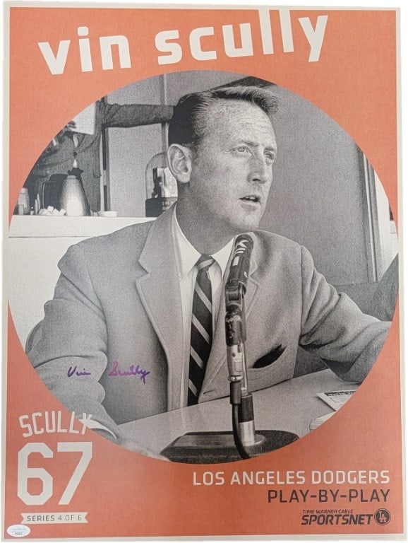 Vin Scully Autographed 20x24 Poster JSA Authenticated Dodgers 1959: Vin Scully Autographed 20x24 Poster JSA Authenticated Dodgers 1959 Celebrate the legacy of Vin Scully with this autographed 20x24 lithograph poster. This original piece features a beautiful signature 