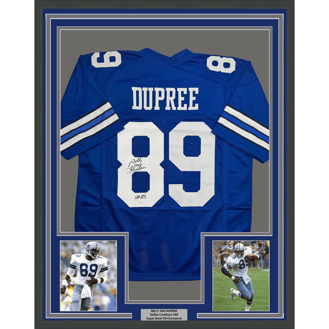 Billy Joe DuPree signed framed Dallas Cowboys blue jersey 35x39 JSA: Billy Joe DuPree signed framed Dallas Cowboys blue jersey 35x39 JSA Professionally framed autographed Billy Joe DuPree blue jersey display featuring two 5x7 photos. This original football memorabilia 