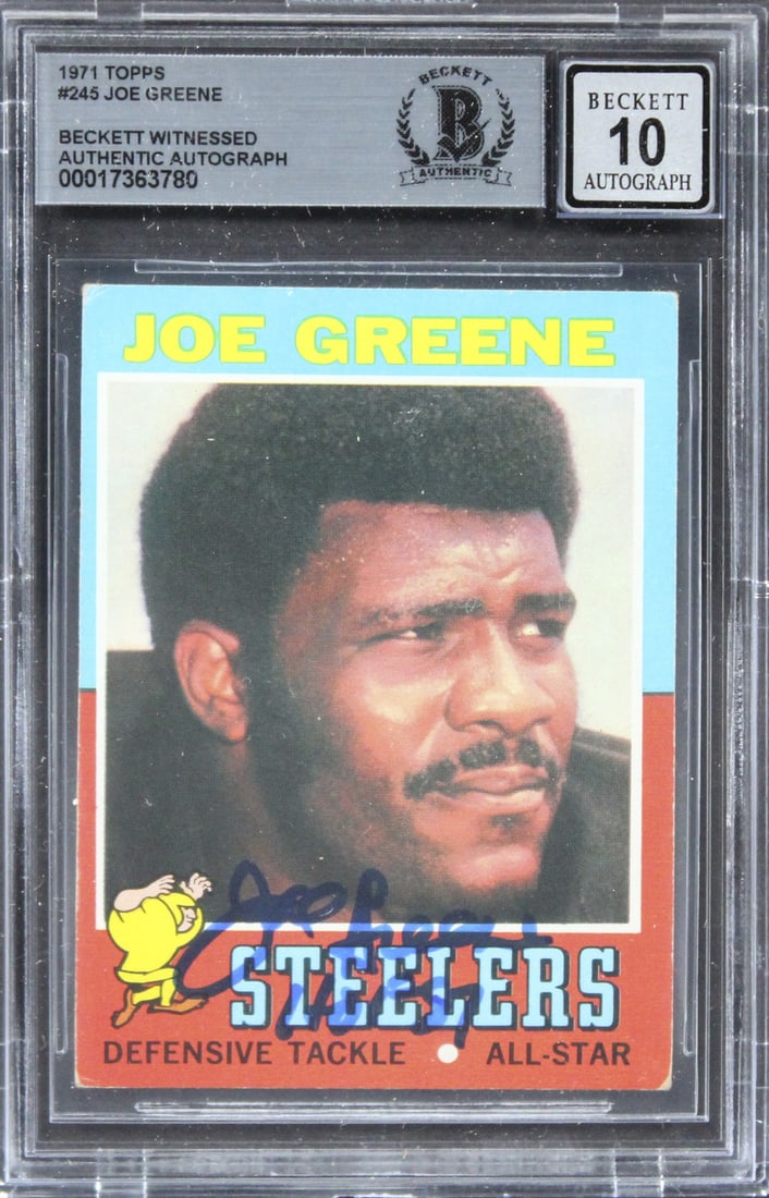 Joe Greene Signed 1971 Topps #245 Card Auto 10 Beckett Slab: Joe Greene Signed 1971 Topps #245 Card Auto 10 Beckett Slab This is an authentic 1971 Topps #245 football card featuring Joe Greene, personally signed by the legendary Pittsburgh Steelers player. The 