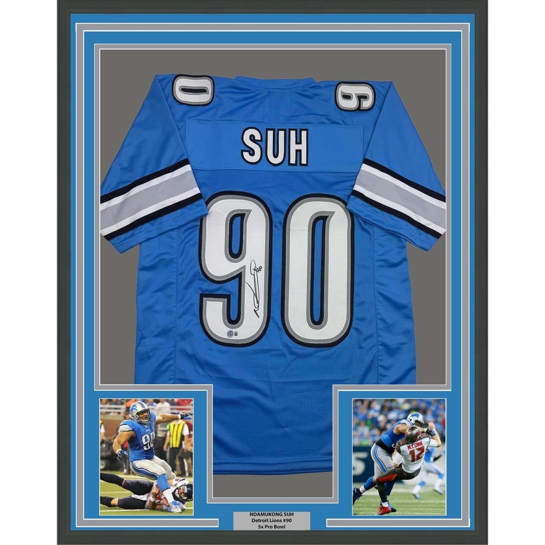 Ndamukong Suh Signed Framed Detroit Lions Blue Jersey 35x39 BAS COA: Ndamukong Suh Signed Framed Detroit Lions Blue Jersey 35x39 BAS COA Professionally framed and matted autographed Detroit Lions blue jersey signed by Ndamukong Suh. This original football collectible i