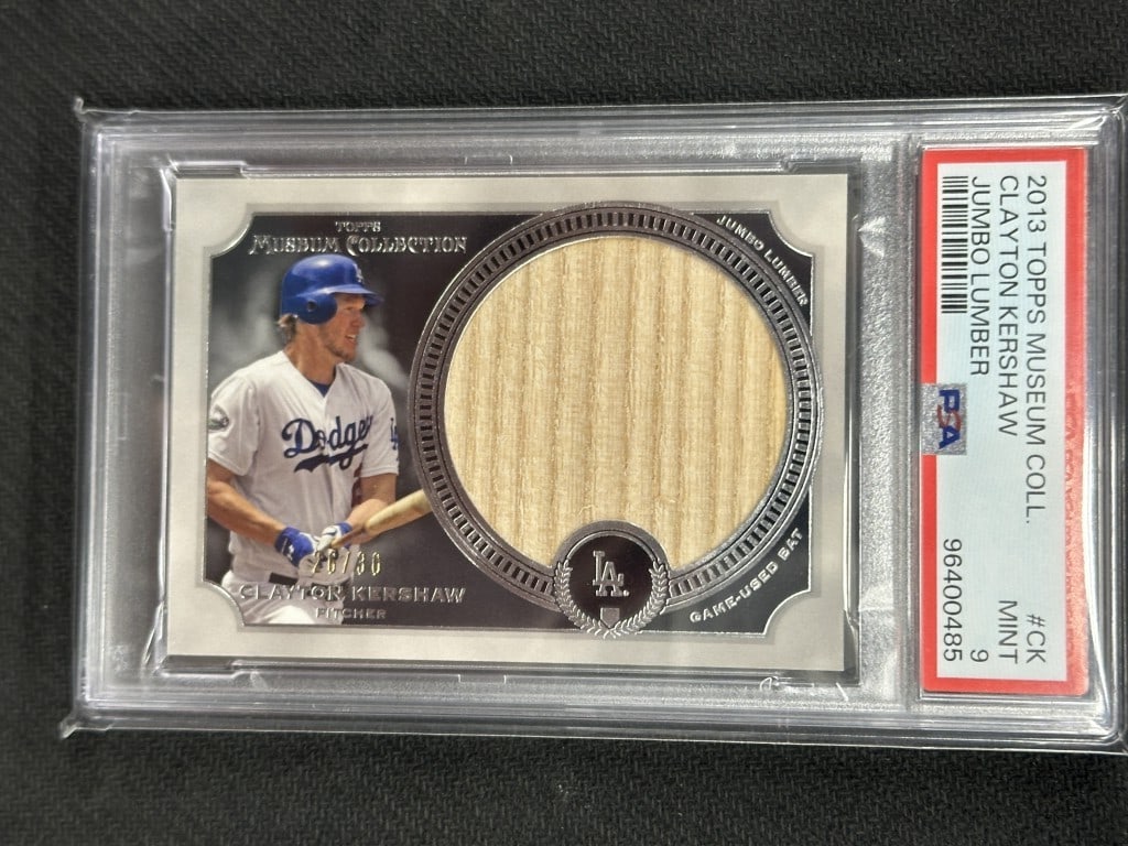 Clayton Kershaw 2013 Topps Museum Jumbo Lumber Bat Relic PSA 9 #CK Limited 26/30: Clayton Kershaw 2013 Topps Museum Jumbo Lumber Bat Relic PSA 9 #CK Limited 26/30 This is a 2013 Topps Museum Jumbo Lumber Bat Relic baseball card featuring Clayton Kershaw, a standout player for the L