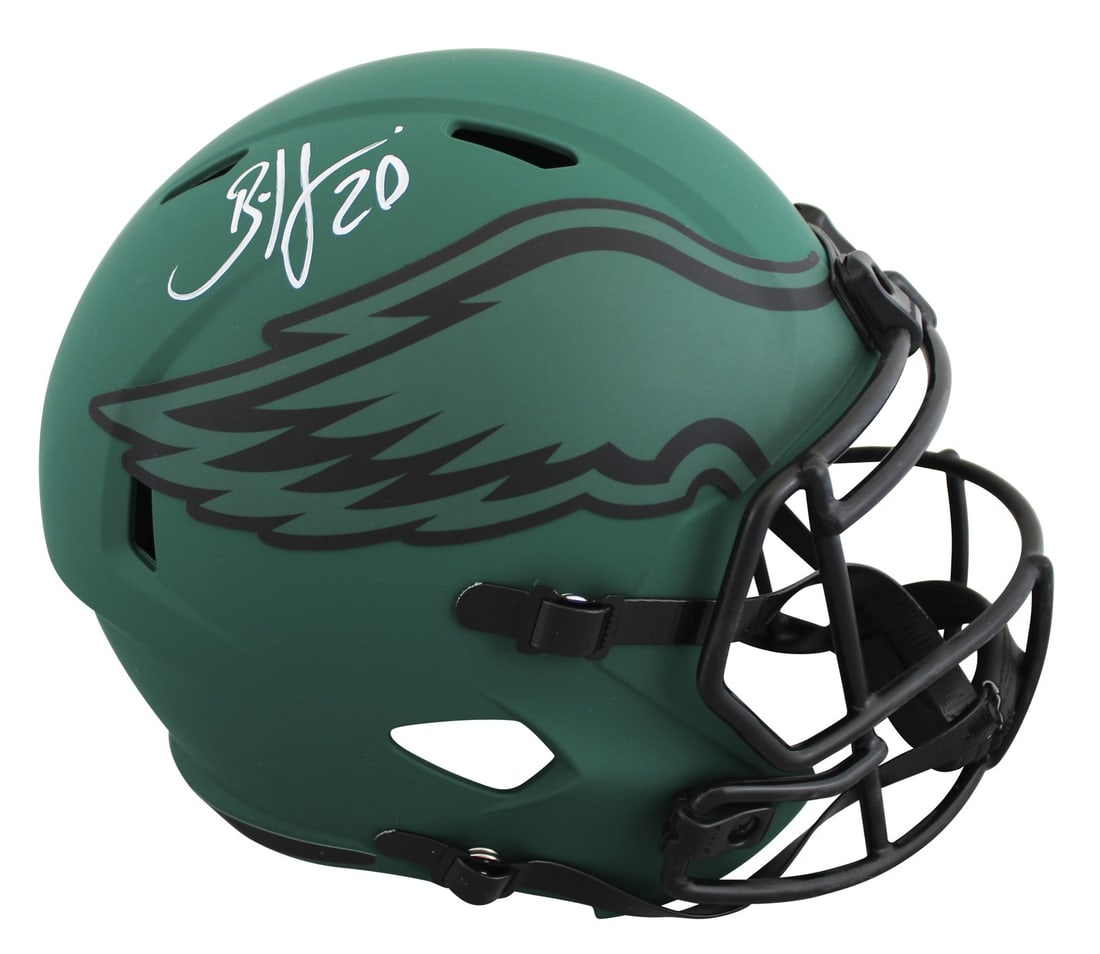 Brian Dawkins Autographed Philadelphia Eagles Rave Speed Replica Helmet BAS Witnessed: Brian Dawkins Autographed Philadelphia Eagles Rave Speed Replica Helmet BAS Witnessed This Philadelphia Eagles Rave alternate full-size Speed Replica helmet has been personally signed by Brian Dawkins