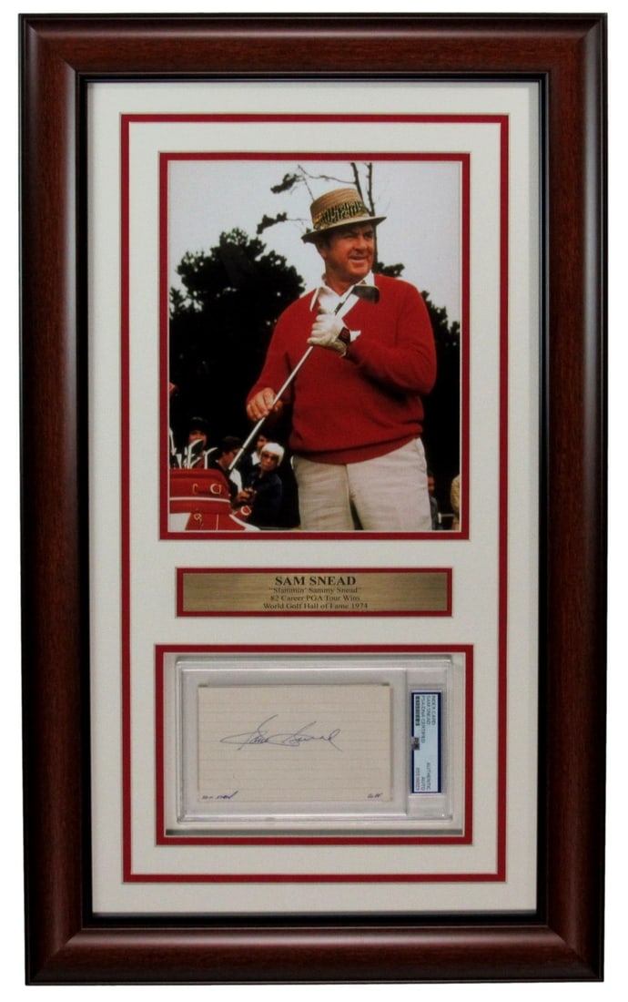 Sam Snead Signed 3x5 Index Card Photo Collage Framed PSA/DNA: Sam Snead Signed 3x5 Index Card Photo Collage Framed PSA/DNA This stunning framed collage features a signed 3x5 index card of Sam Snead, a legendary figure in golf history, alongside an 8x10 photograp