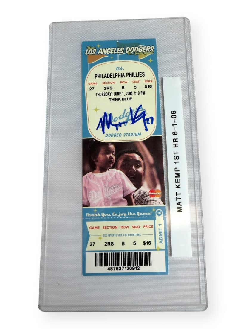 Matt Kemp Autographed Ticket Dodgers 1st Home Run Beckett Authenticated: Matt Kemp Autographed Ticket Dodgers 1st Home Run Beckett Authenticated Celebrate a memorable moment in baseball history with this original ticket stub from Matt Kemp's first home run on June 1, 2006.