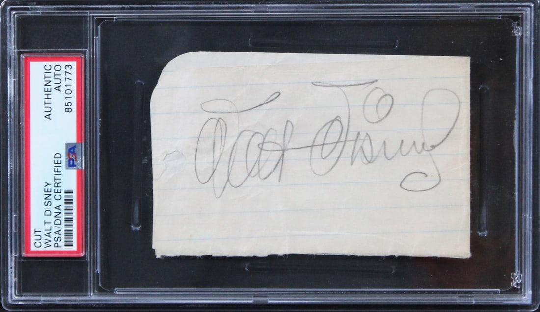 Walt Disney Signed Cut Signature 2.75x4.25 PSA/DNA Slabbed Authentic: Walt Disney Signed Cut Signature 2.75x4.25 PSA/DNA Slabbed Authentic This is an authentic cut signature of Walt Disney, measuring 2.75x4.25 inches. The item is personally signed and comes slabbed for 