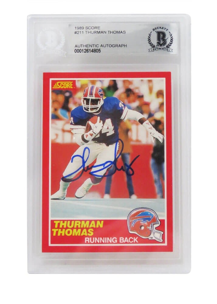 Thurman Thomas Autographed 1989 Score Rookie Card #211 Beckett HOF: Thurman Thomas Autographed 1989 Score Rookie Card #211 Beckett HOF Celebrate the legacy of Thurman Thomas with this autographed 1989 Score rookie card #211, a must-have for any Buffalo Bills fan.