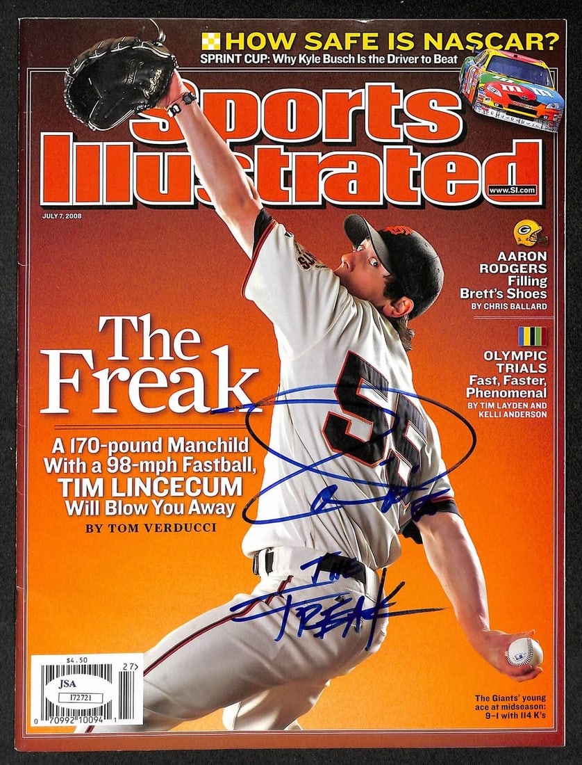 Tim Lincecum autographed 2008 Sports Illustrated photo JSA 212112: Tim Lincecum autographed 2008 Sports Illustrated photo JSA 212112 Original Tim Lincecum signed 2008 Sports Illustrated photo related to the Giants. This pre-owned baseball collectible is made in the U