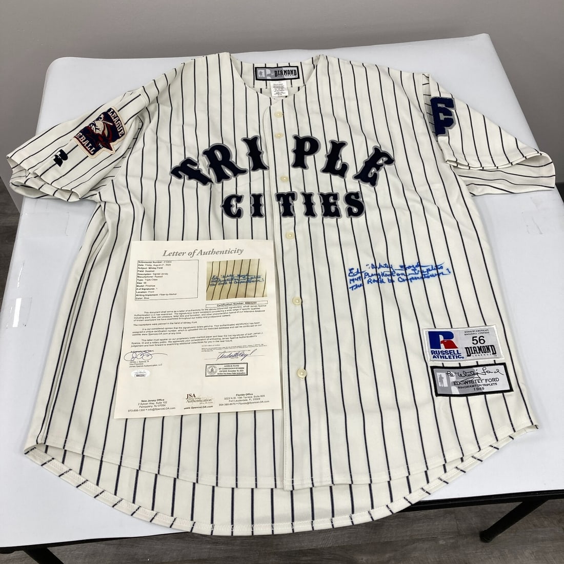 Whitey Ford Signed Binghamton Triplets Jersey with Inscriptions JSA Authenticated: Whitey Ford Signed Binghamton Triplets Jersey with Inscriptions JSA Authenticated This authentic Binghamton Triplets minor league jersey features a rare signature from baseball legend Whitey Ford. Hea