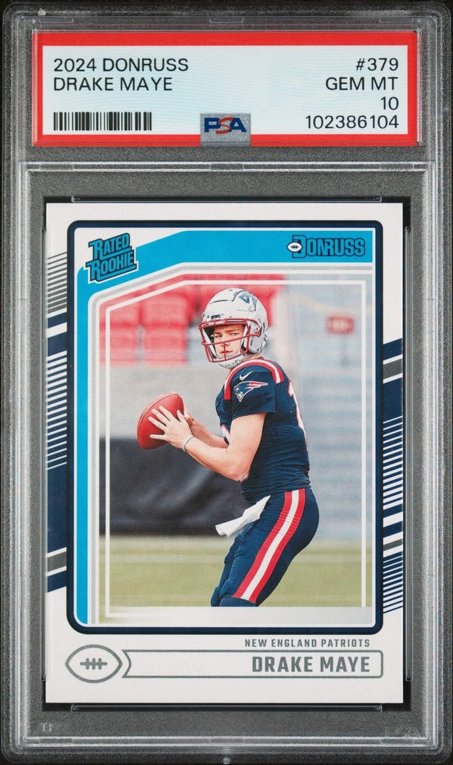2024 Panini Donruss Drake Maye #379 Rookie Football Card PSA 10 Mint: 2024 Panini Donruss Drake Maye #379 Rookie Football Card PSA 10 Mint This is a graded 2024 Panini Donruss Drake Maye #379 Rookie Football Card, achieving a perfect PSA 10 Gem Mint rating. The card fea