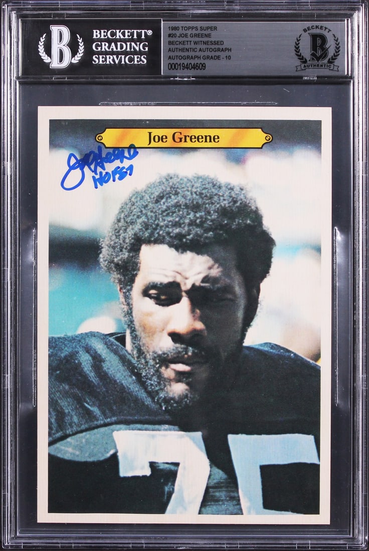 Joe Greene Signed 1980 Topps Super 5x7 Football Card BAS Auto 10 Slabbed: Joe Greene Signed 1980 Topps Super 5x7 Football Card BAS Auto 10 Slabbed This is an original 1980 Topps Super #20 5x7 football card featuring Joe Greene of the Pittsburgh Steelers. The card has been p