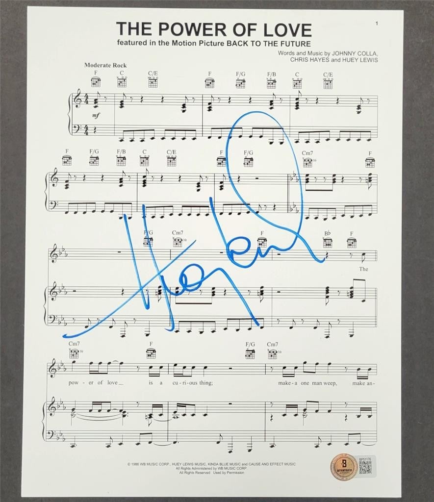 Huey Lewis autographed Power of Love sheet 8.5x11 with Beckett authentication (1 of 3)