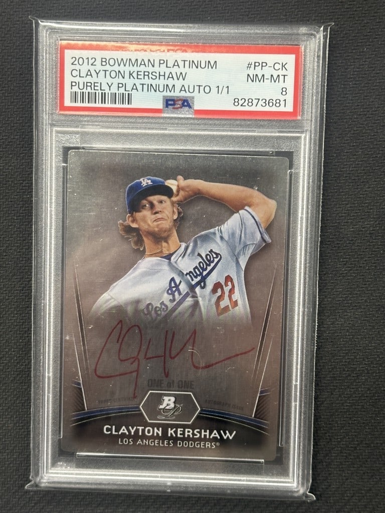 Clayton Kershaw 2012 Bowman Platinum Auto PSA 8 Dodgers Card #PPCK: Clayton Kershaw 2012 Bowman Platinum Auto PSA 8 Dodgers Card #PPCK This is a 2012 Bowman Platinum Purely Auto baseball card featuring Clayton Kershaw, a prominent player for the Los Angeles Dodgers. G