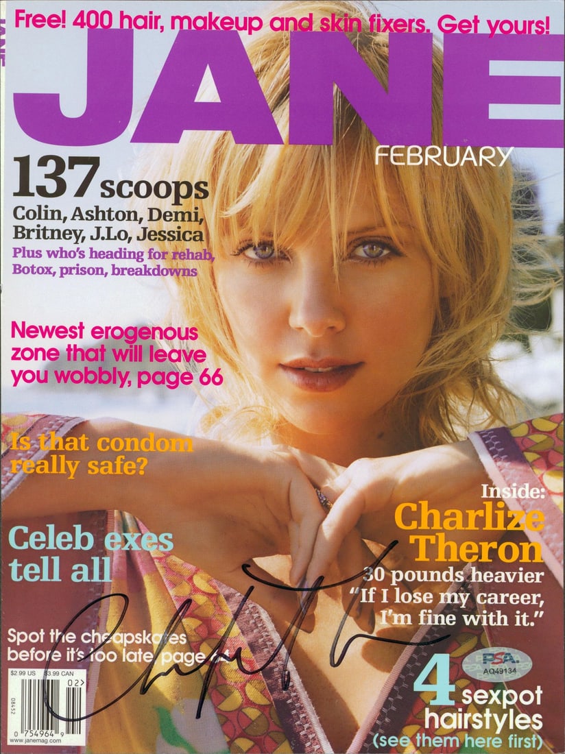 PSA authenticated February 2004 Jane Magazine cover signed by Charlize Theron: PSA authenticated February 2004 Jane Magazine cover signed by Charlize Theron Original February 2004 Jane magazine cover signed by Charlize Theron. This pre-owned piece includes PSA/DNA authentication