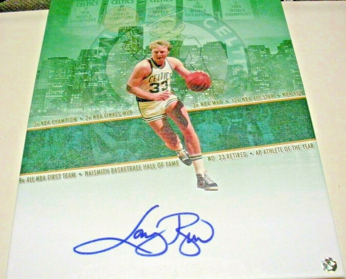 16x20 Signed Larry Bird Canvas Photo with Hologram Authenticity: 16x20 Signed Larry Bird Canvas Photo with Hologram Authenticity This is a pre-owned, original 16x20 canvas photo featuring Larry Bird of the Boston Celtics. The item is signed by Larry Bird and includ