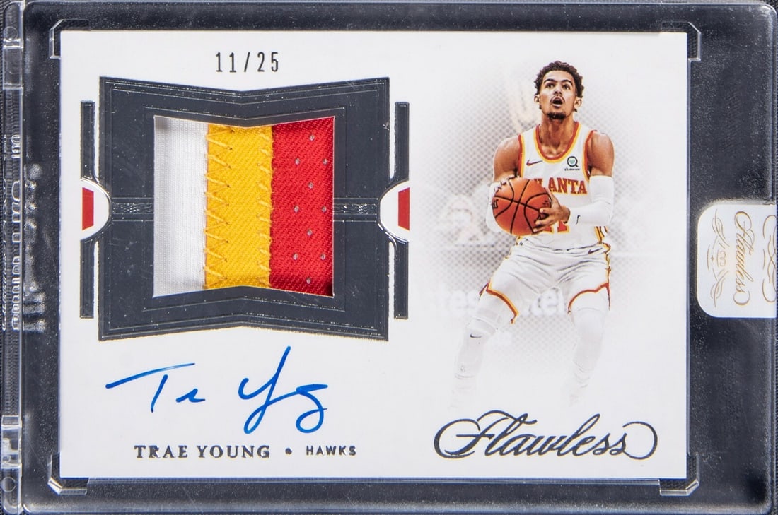 2020-21 Panini Flawless Trae Young Auto Patch 11/25 Signed Card: 2020-21 Panini Flawless Trae Young Auto Patch 11/25 Signed Card This 2020-21 Panini Flawless Trae Young Signed Auto Patch card is a remarkable collectible for basketball enthusiasts. Featuring a stunn