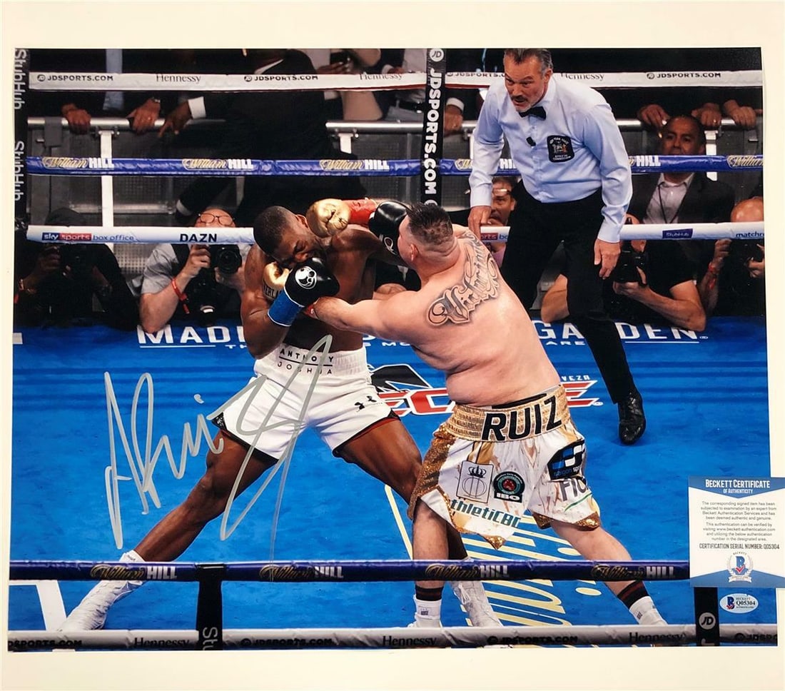 Andy Ruiz Jr Signed Boxing 16x20 Photo Against Anthony Joshua Beckett Authenticated: Andy Ruiz Jr Signed Boxing 16x20 Photo Against Anthony Joshua Beckett Authenticated This is an original 16x20 photo from the boxing match between Andy Ruiz Jr and Anthony Joshua, autographed by Andy R