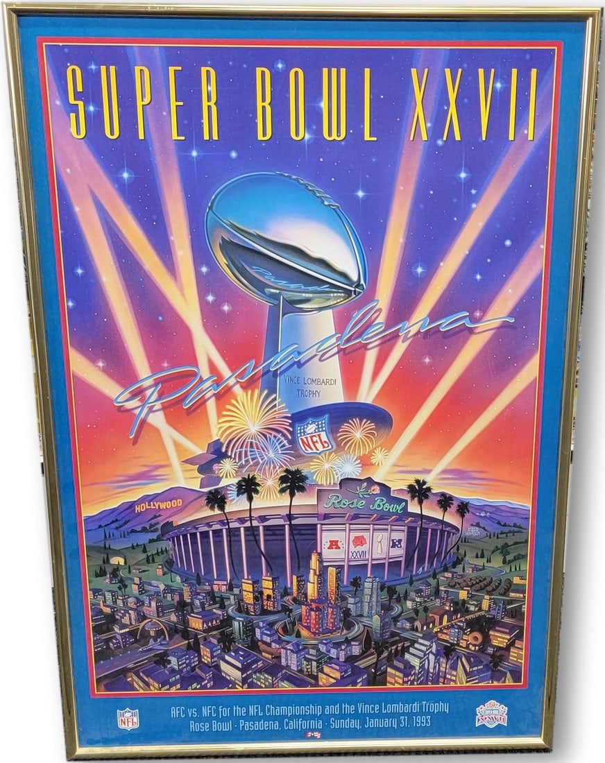 Original Framed Super Bowl XXVII Poster Dallas Cowboys Buffalo Bills 25 x 37 (1 of 2)