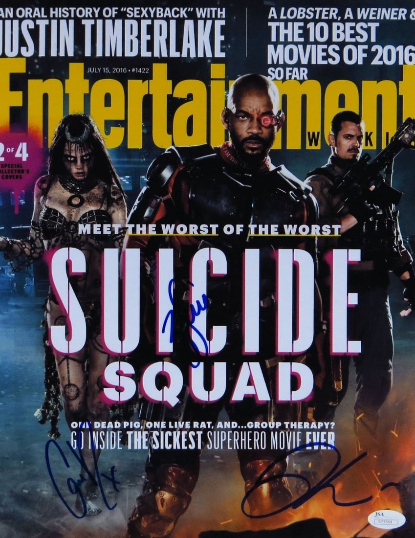 Suicide Squad 11X14 signed photo Will Smith Kinnaman Delevingne JSA: Suicide Squad 11X14 signed photo Will Smith Kinnaman Delevingne JSA Original 11x14 photograph from Suicide Squad, autographed by Will Smith, Joel Kinnaman, and Cara Delevingne. The autograph details f