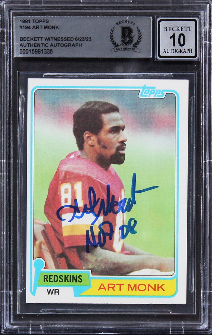 Art Monk signed 1981 Topps 194 rookie card BAS Auto 10: Art Monk signed 1981 Topps 194 rookie card BAS Auto 10 Original 1981 Topps #194 rookie card personally signed by Art Monk and inscribed "HOF 08." The autograph is authenticated by Beckett Authenticati
