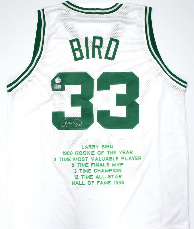 Larry Bird Signed Boston Celtics STAT Jersey Beckett BAS Hologram: Larry Bird Signed Boston Celtics STAT Jersey Beckett BAS Hologram This is an original autographed white pro style stat jersey featuring Larry Bird of the Boston Celtics. The jersey is pre-owned and in