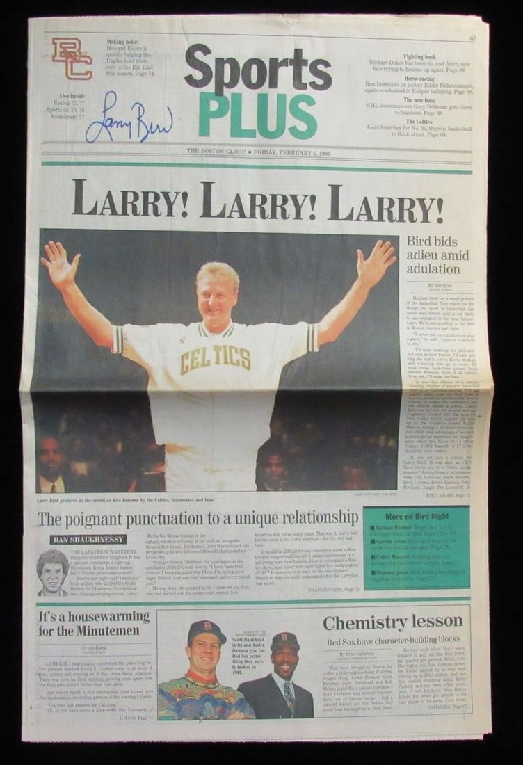 Larry Bird Signed 2/5/1993 The Boston Globe Newspaper JSA Authenticated: Larry Bird Signed 2/5/1993 The Boston Globe Newspaper JSA Authenticated This offering features an original Boston Globe newspaper dated February 5, 1993, which celebrates Larry Bird's induction into t