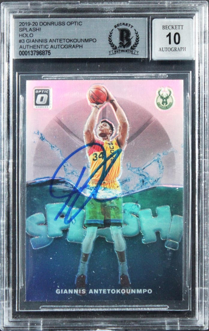 Beckett Slabbed Giannis Antetokounmpo 2019 Donruss Optic Splash Holo #3 Auto: Beckett Slabbed Giannis Antetokounmpo 2019 Donruss Optic Splash Holo #3 Auto This is an original 2019 Donruss Optic Splash! Holo #3 basketball card featuring Giannis Antetokounmpo of the Milwaukee Buc