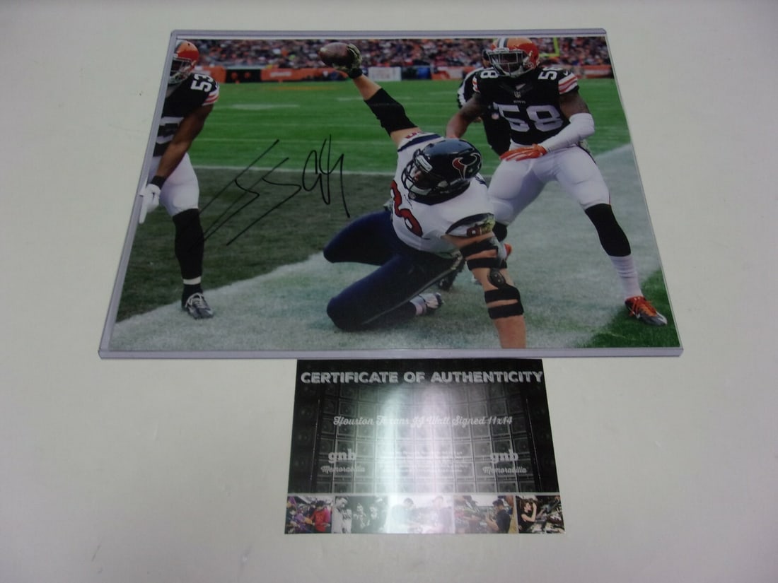 Autographed 11x14 Photo JJ Watt Houston Texans Three-Time DPOY With COA: Autographed 11x14 Photo JJ Watt Houston Texans Three-Time DPOY With COA This is an original 11x14 photo signed by JJ Watt of the Houston Texans, commemorating his achievement as a three-time Defensive