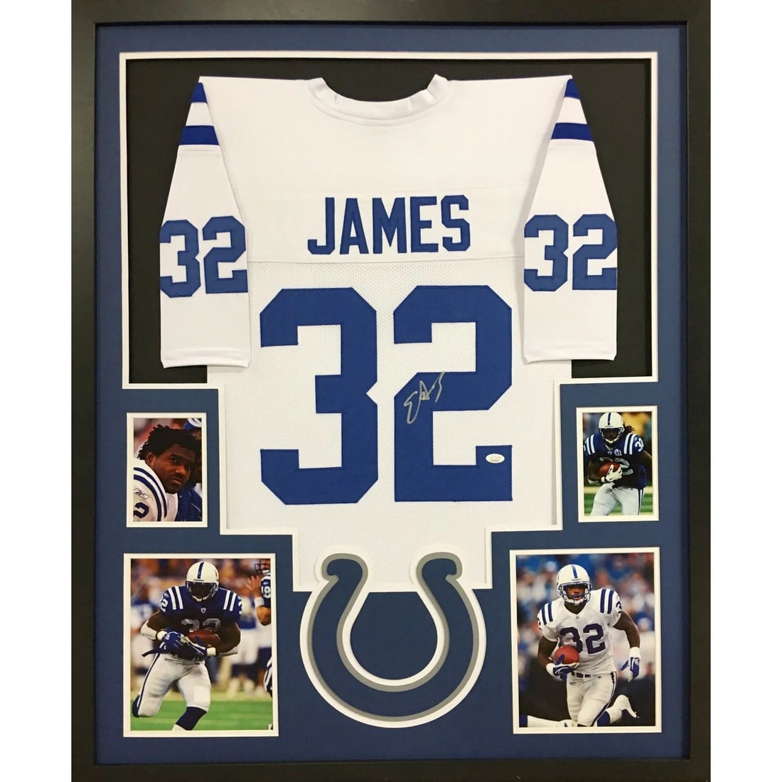 Edgerrin James Signed Framed Jersey JSA Authenticated Colts 42x34: Edgerrin James Signed Framed Jersey JSA Authenticated Colts 42x34 This Edgerrin James framed jersey is a remarkable collectible for any Indianapolis Colts fan. The jersey is autographed and comes with