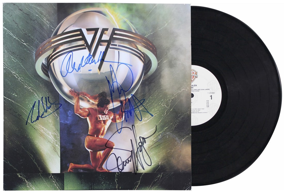 Van Halen 5150 album cover with vinyl signed by Eddie Alex Anthony Hagar JSA: Van Halen 5150 album cover with vinyl signed by Eddie Alex Anthony Hagar JSA Original 5150 album cover with vinyl, personally signed by Eddie Van Halen, Alex Van Halen, Michael Anthony, and Sammy Haga