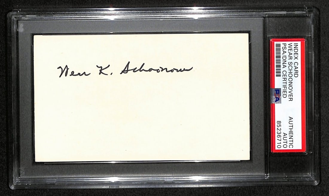 Wear Schoonover Signed 3x5 Index Card Arkansas PSA/DNA CFB HOF: Wear Schoonover Signed 3x5 Index Card Arkansas PSA/DNA CFB HOF Offered is a Wear Schoonover College Football Hall of Fame (CFB HOF) signed 3x5 index card from Arkansas, dated 1982. This original item 