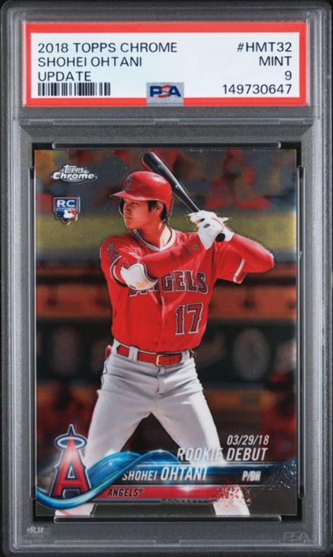 Shohei Ohtani 2018 Topps Chrome Update HMT32 Rookie Card PSA 9: Shohei Ohtani 2018 Topps Chrome Update HMT32 Rookie Card PSA 9 Original 2018 Topps Chrome Update Shohei Ohtani #HMT32 rookie baseball card, professionally graded PSA 9 and encapsulated by Professional