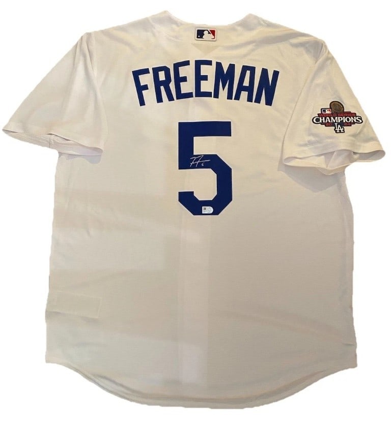 MLB Authentic Freddie Freeman Autographed Nike Dodgers Jersey 2024 World Series Patch: MLB Authentic Freddie Freeman Autographed Nike Dodgers Jersey 2024 World Series Patch Pre-owned custom Nike jersey autographed by Freddie Freeman and featuring a 2024 World Series patch. This original
