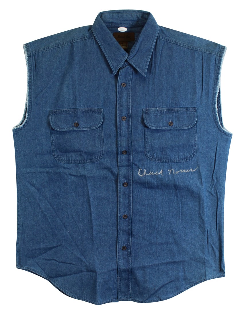 JSA Authenticated Chuck Norris Signed Walker Texas Ranger Denim Vest: JSA Authenticated Chuck Norris Signed Walker Texas Ranger Denim Vest Authentic signed Walker, Texas Ranger denim vest personally autographed by Chuck Norris. This original piece includes JSA authentic