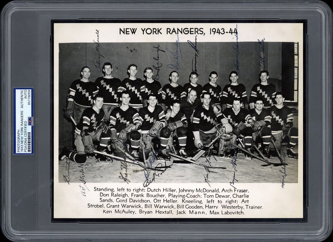 PSA DNA Certified 1943-44 New York Rangers Team Signed 8 x 10 Photo: PSA DNA Certified 1943-44 New York Rangers Team Signed 8 x 10 Photo Original team-signed photo featuring the 1943-44 New York Rangers. The central image is surrounded by 14 legible team member signatu