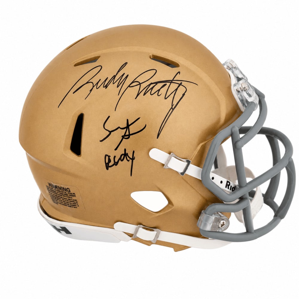 Notre Dame Riddell Speed Mini Helmet Signed by Sean Astin and Rudy Ruettiger (1 of 1)