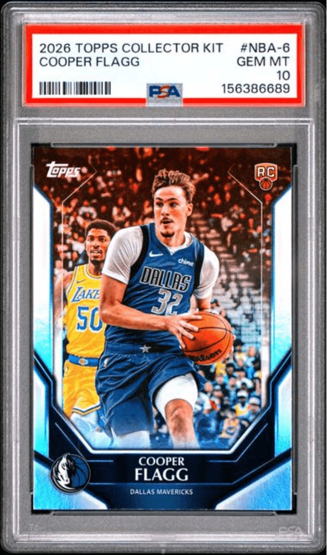 PSA 10 Cooper Flagg NBA6 2026 Topps Collector Kit Rookie Card: PSA 10 Cooper Flagg NBA6 2026 Topps Collector Kit Rookie Card Graded 2026 Topps Collector Kit Cooper Flagg #NBA6 rookie sports trading card. This multicolor insert card features Cooper Flagg with the 