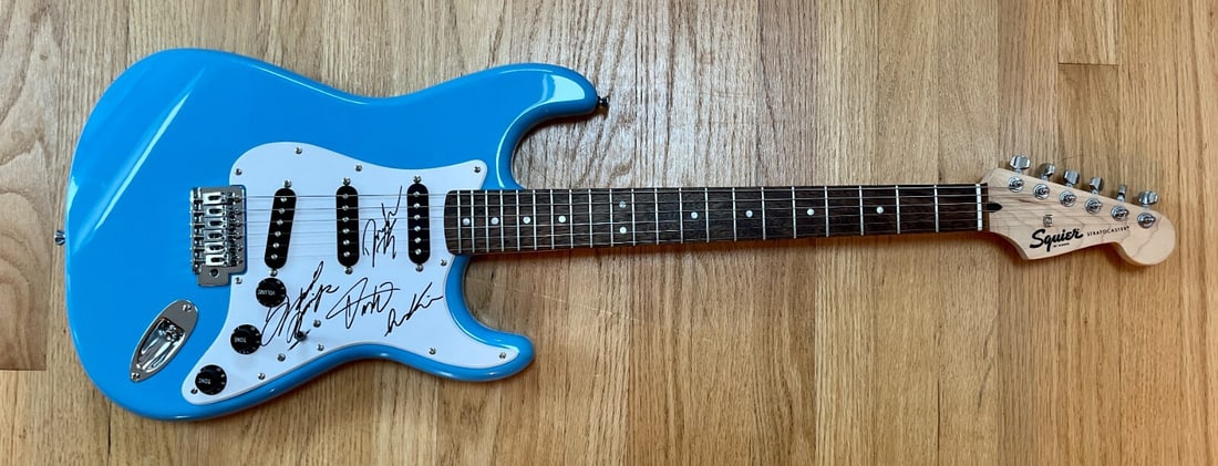 Greta Van Fleet Signed Guitar by All 4 Members JSA Authenticated: Greta Van Fleet Signed Guitar by All 4 Members JSA Authenticated This is a rare Royal Blue Fender Squire electric guitar signed by all four members of the acclaimed rock band Greta Van Fleet. Each sig
