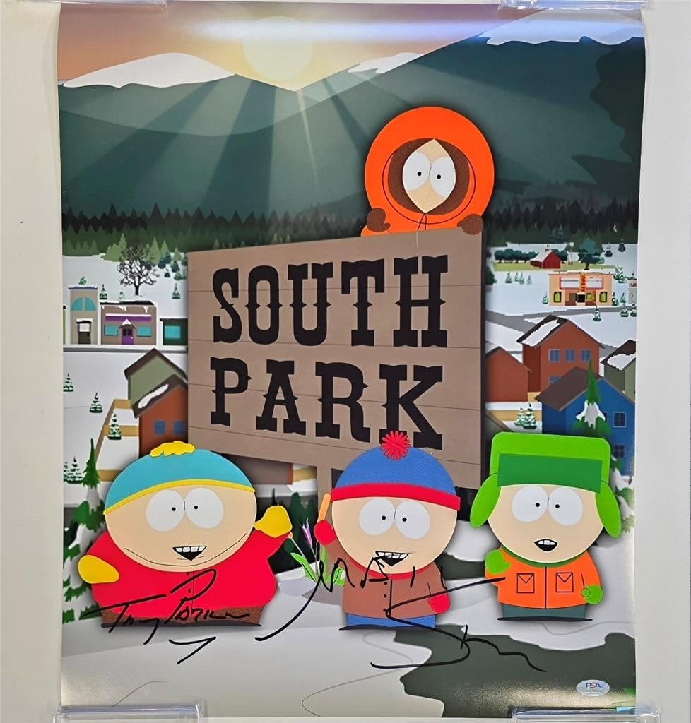 PSA DNA Autographed South Park Photo Poster by Matt Stone Trey Parker: PSA DNA Autographed South Park Photo Poster by Matt Stone Trey Parker Signed South Park photo poster featuring Matt Stone and Trey Parker. This original piece is authenticated by PSA/DNA and is offere