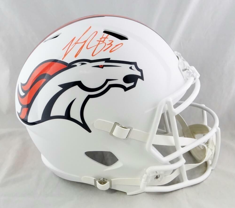 Denver Broncos Full Size Flat White Speed Helmet Signed by Phillip Lindsay JSA: Denver Broncos Full Size Flat White Speed Helmet Signed by Phillip Lindsay JSA This is an original full-size flat white speed helmet signed by Phillip Lindsay and associated with the Denver Broncos. I