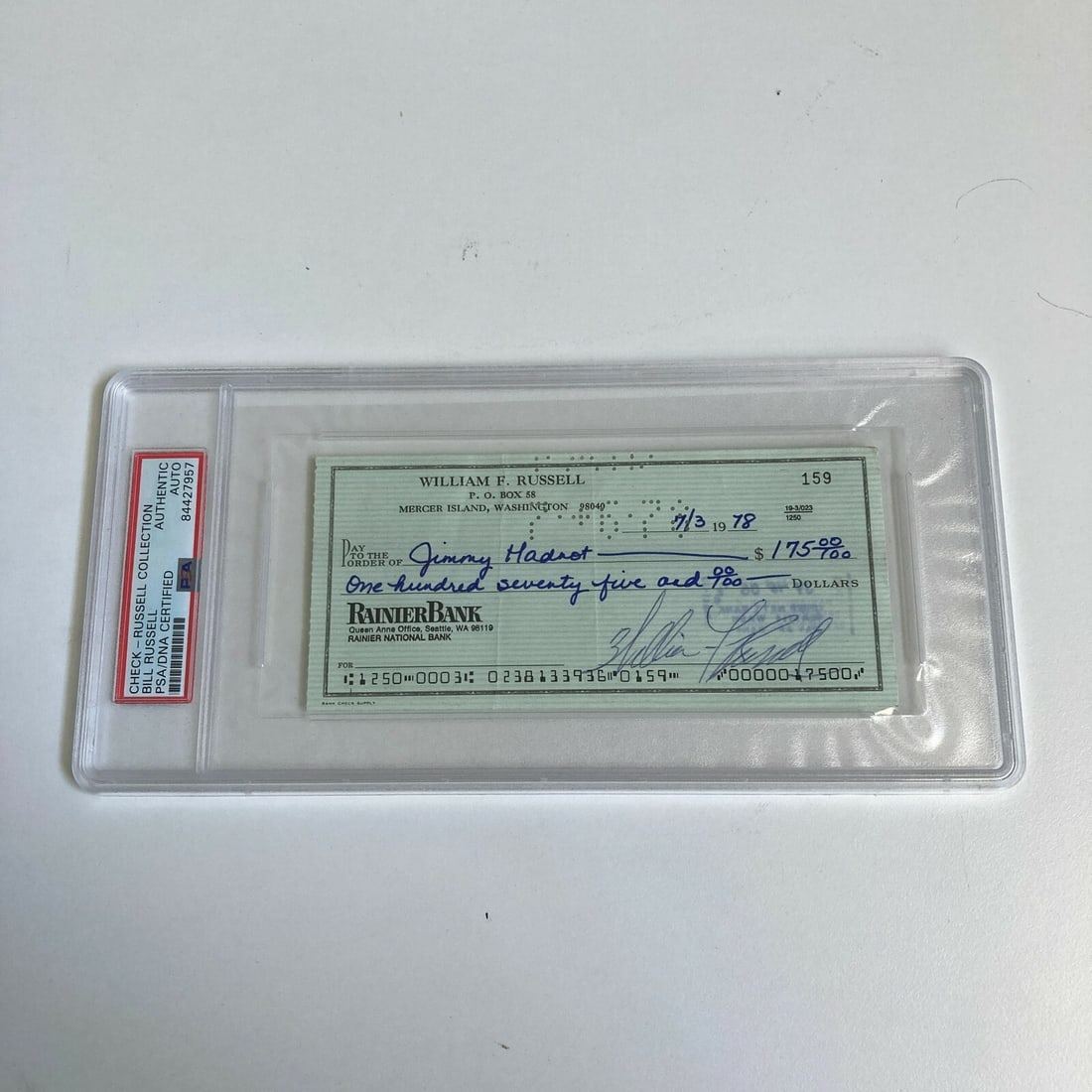 Bill Russell Autographed Bank Check PSA DNA Boston Celtics Legend: Bill Russell Autographed Bank Check PSA DNA Boston Celtics Legend This is a rare Bill Russell signed bank check, featuring the full name signature "William F. Russell". Authenticated and encapsulated 