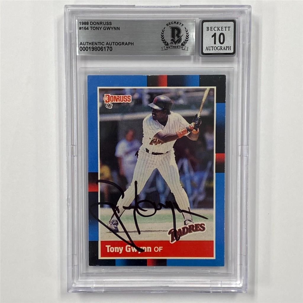 Tony Gwynn 1988 Donruss Padres Card 164 Beckett BAS 10 Auto: Tony Gwynn 1988 Donruss Padres Card 164 Beckett BAS 10 Auto This is an original 1988 Donruss #164 Tony Gwynn sports trading card featuring the San Diego Padres player. The card is made of card stock a
