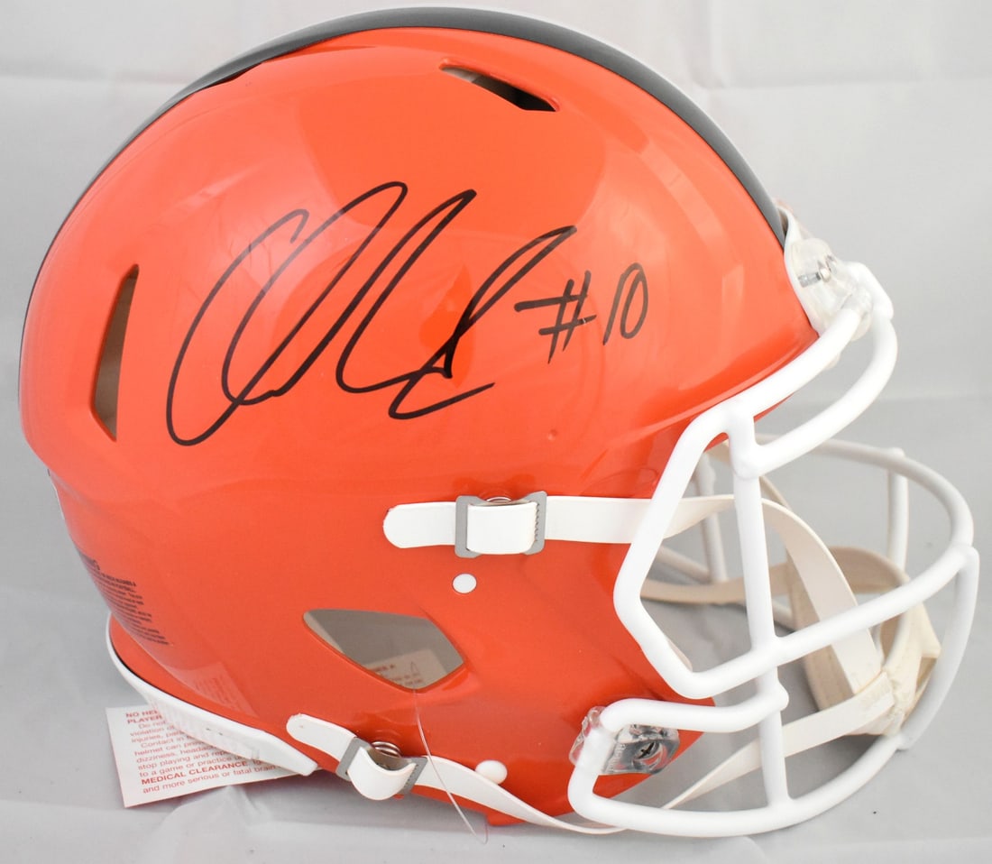 Beckett Witness Cleveland Browns Speed Authentic F S Helmet signed by Quinshon Judkins: Beckett Witness Cleveland Browns Speed Authentic F S Helmet signed by Quinshon Judkins Pre-owned full-size Speed Authentic helmet signed by Quinshon Judkins. This Cleveland Browns helmet is made in th