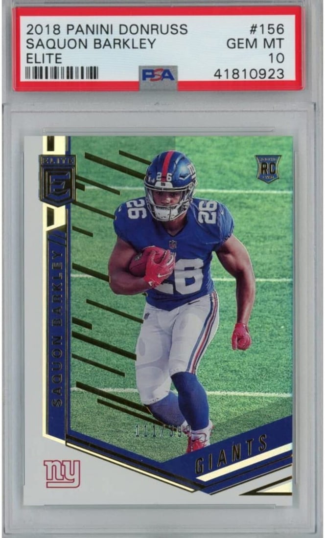 2018 Panini Donruss Saquon Barkley #156 Elite Rookie Card PSA 10: 2018 Panini Donruss Saquon Barkley #156 Elite Rookie Card PSA 10 This is a graded 2018 Panini Donruss Saquon Barkley #156 Elite Rookie football card, rated as a PSA 10 Gem Mint. The card features the 