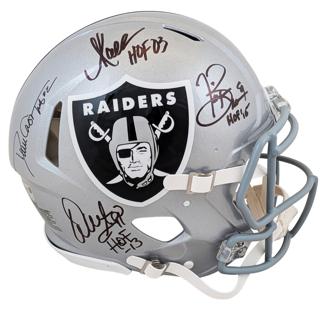 Las Vegas Raiders Signed Proline Helmet by 4 HOF Players Beckett Authenticated: Las Vegas Raiders Signed Proline Helmet by 4 HOF Players Beckett Authenticated This authentic full-size Riddell Speed Proline helmet is signed by four legendary players from the Las Vegas Raiders: Dav